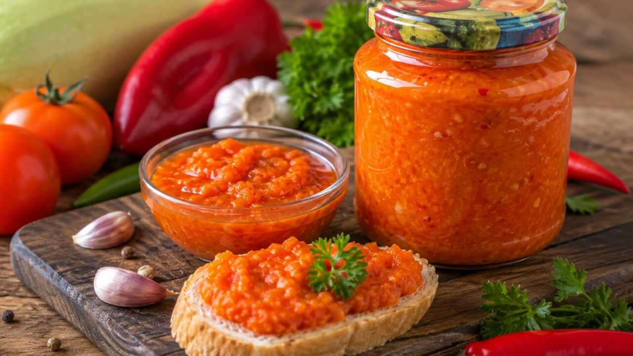Домашня аджика з кабачків на зиму в банці на дерев’яному столі поруч зі свіжими овочами та шматочком хліба