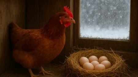 Курка з коричневим пір’ям стоїть у курнику поруч із гніздом, у якому лежать яйця, за вікном падає сніг. Чому кури не несуться взимку?