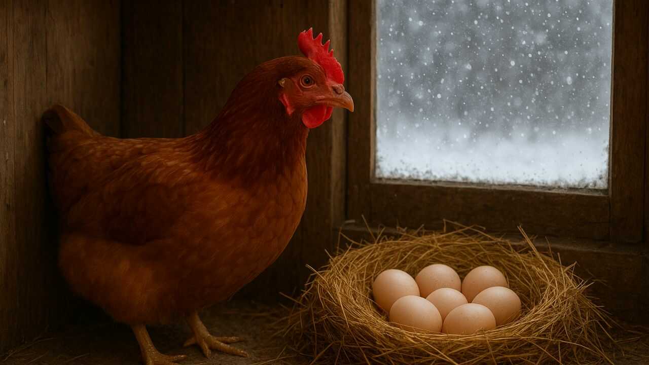 Курка з коричневим пір’ям стоїть у курнику поруч із гніздом, у якому лежать яйця, за вікном падає сніг. Чому кури не несуться взимку?