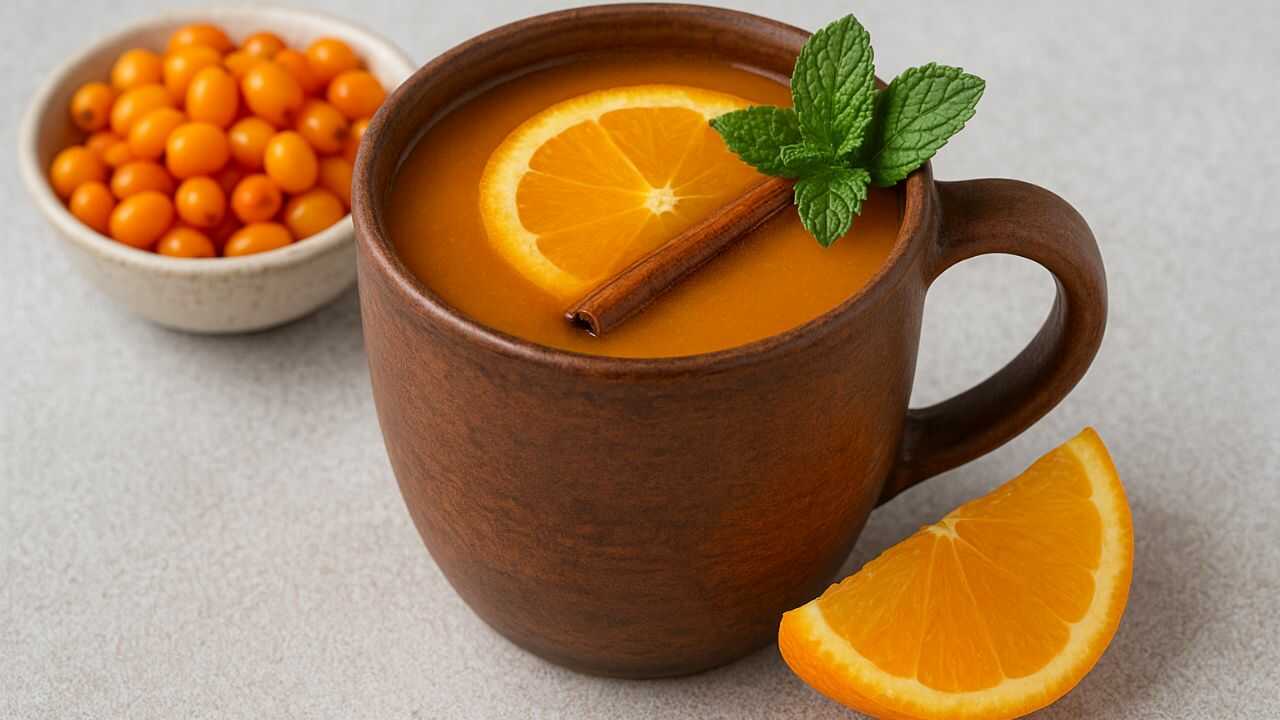 Густий обліпиховий чай з апельсином у глиняному горняті, прикрашений м’ятою та корицею