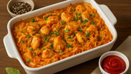 Тушкована капуста з куркою у духовці на тарілці — ароматна домашня страва з овочів і м’яса.