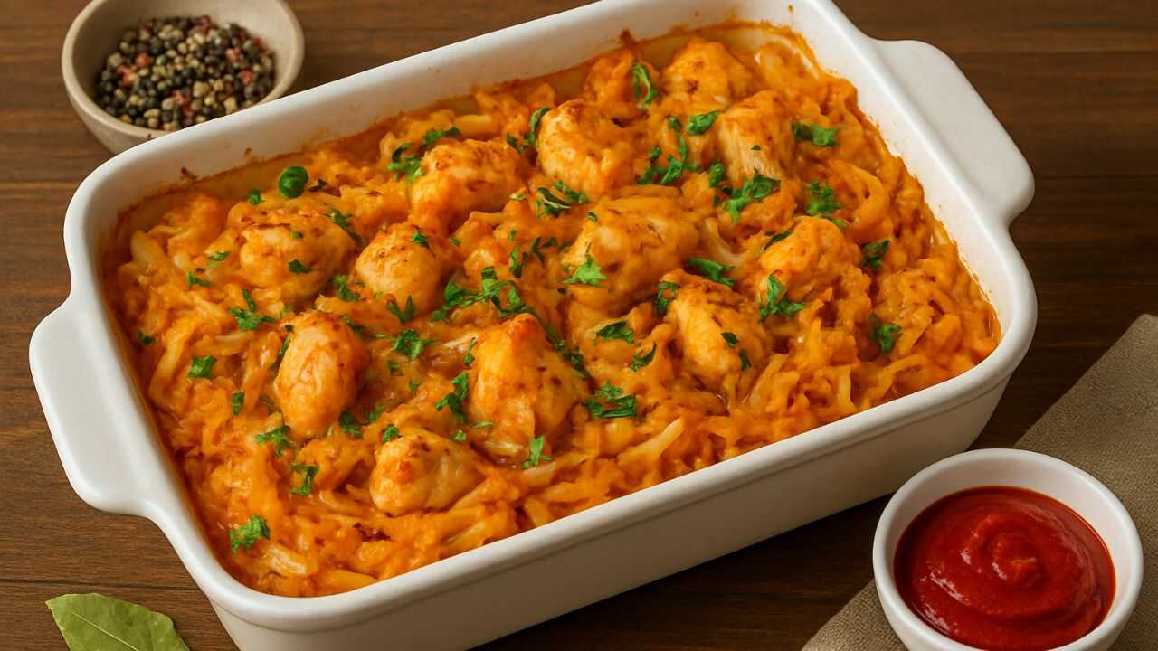 Тушкована капуста з куркою у духовці на тарілці — ароматна домашня страва з овочів і м’яса.